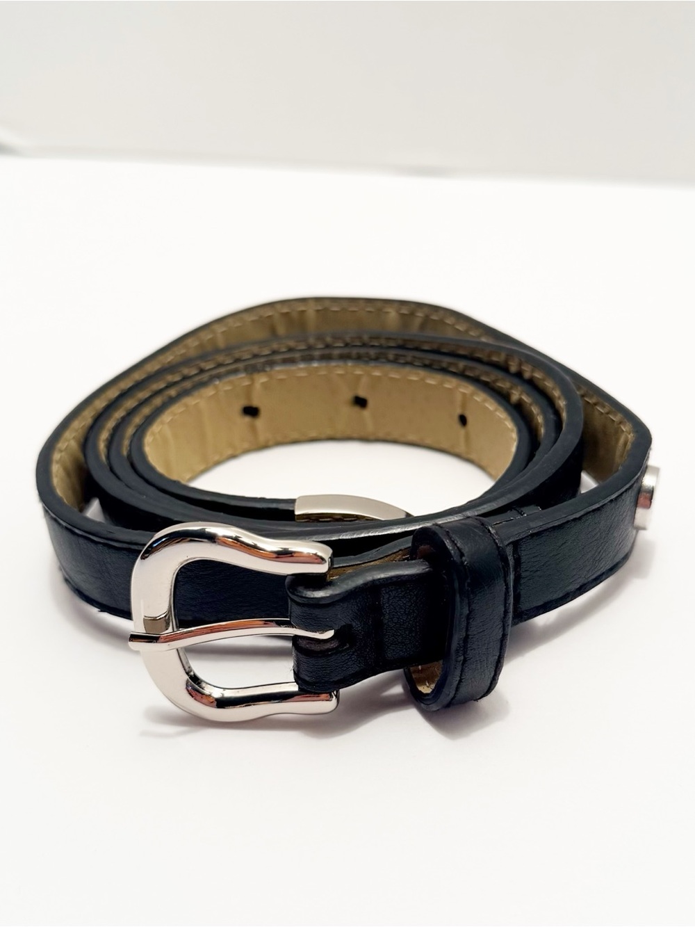 Steve Madden Black Slim Leather Belt with Silver Buckle
